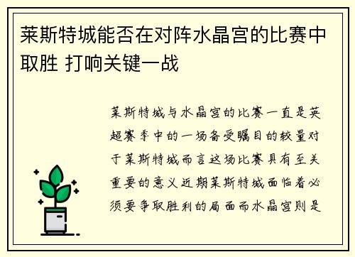 莱斯特城能否在对阵水晶宫的比赛中取胜 打响关键一战