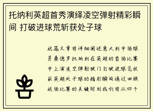 托纳利英超首秀演绎凌空弹射精彩瞬间 打破进球荒斩获处子球 托纳利英超首秀演绎凌空弹射精彩瞬间 打破进球荒斩获处子球